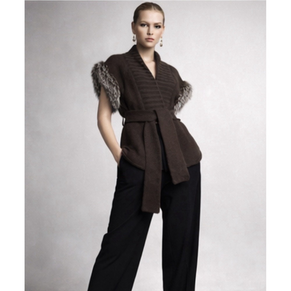 Tuleh 100% Cashmere Real Silver Fox Fur Trim Belted Cardigan Vest S Designer